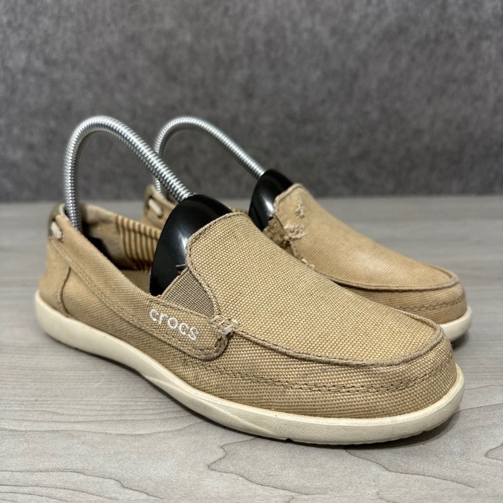 Crocs Walu II Loafers Womens 7 Khaki Canvas Slip On Boat Shoes Casual Comfort